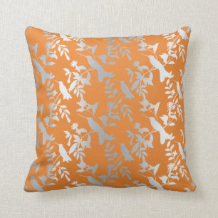 Silbergraue Metallische Flora Hummvögel Orange Kissen
