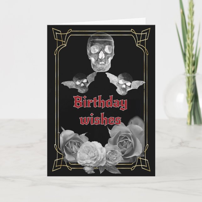 Silbergraue Rose und Schädel Geburtstag Karte (Vorderseite)