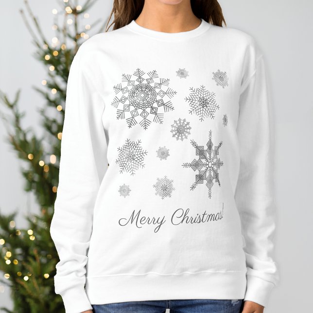 Silbergraue Schneeflocken mit fröhlichem Weihnacht Sweatshirt (Festive design for the Holiday season.)