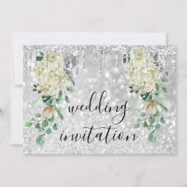 Silbergraue Tropfen Glitte Grüne Hochzeit mit flor Einladung