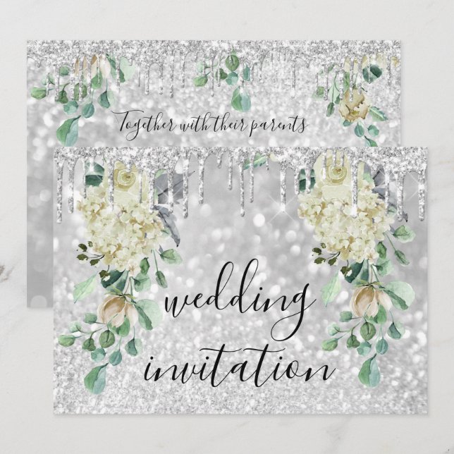 Silbergraue Tropfen Glitte Grüne Hochzeit mit flor Einladung (Vorne/Hinten)