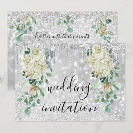 Silbergraue Tropfen Glitte Grüne Hochzeit mit flor Einladung