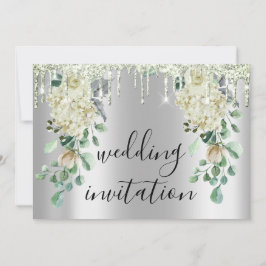 Silbergraue Tropfen Graue Blumenzange Grüne Hochze Einladung