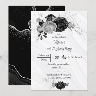 Silbergraue und schwarze Blume Geburtstag Einladung