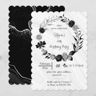 Silbergraue und schwarze Blume zum Geburtstag Einladung