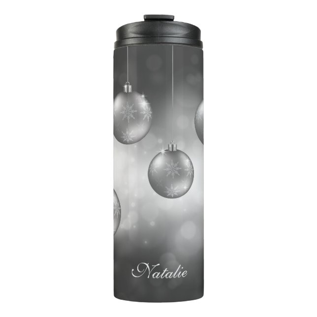 Silbergraue Weihnachtsbaumchen mit Individuelle Na Thermosbecher (Vorderseite)
