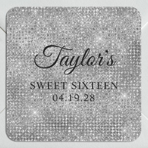 Silbergrauer Disco-Glitter Sweet Sixteen Quadratischer Aufkleber