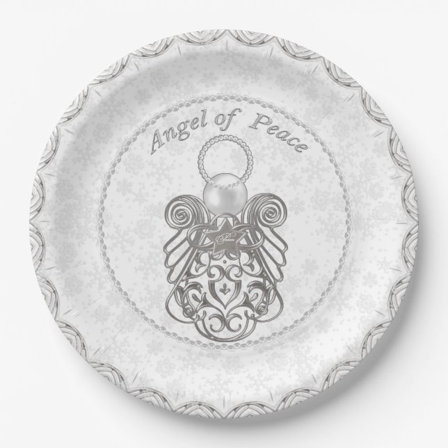 Silbergrauer Filigree Weihnachtsgel des Friedens Pappteller (Vorderseite)