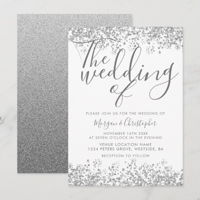 Silbergrauer Glitzer Elegante Moderne Hochzeit Einladung (Vorne/Hinten)