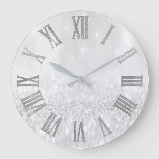 Silbergrauer Glitzer Minimal Metallische römische  Große Wanduhr (Vorderseite)
