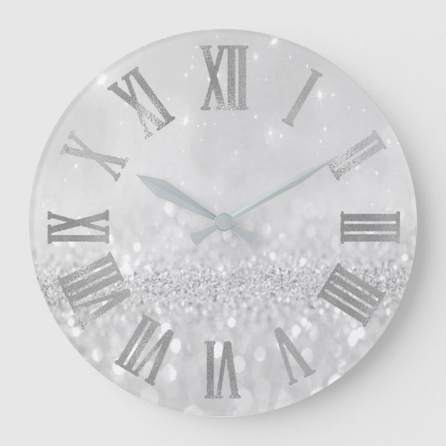 Silbergrauer Glitzer Minimal Metallische römische  Große Wanduhr (Vorderseite)