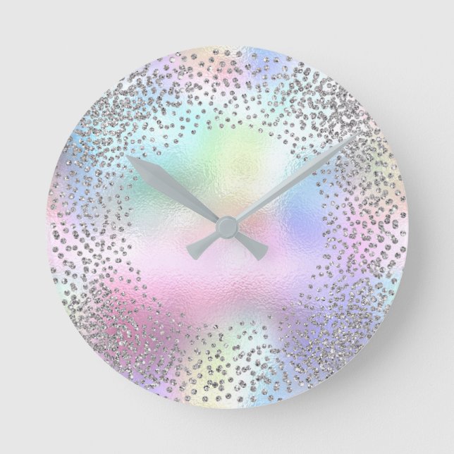 Silbergrauer Metallischer Einhorn Glitzer Rosa Runde Wanduhr (Vorderseite)