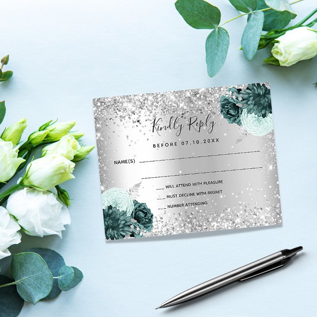 Silbergrüne Blumen Glitzer Budget Hochzeit RSVP Flyer (Von Creator hochgeladen)