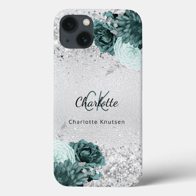 Silbergrüne Blüten eleganter Monogrammname Case-Mate iPhone Hülle (Rückseite)
