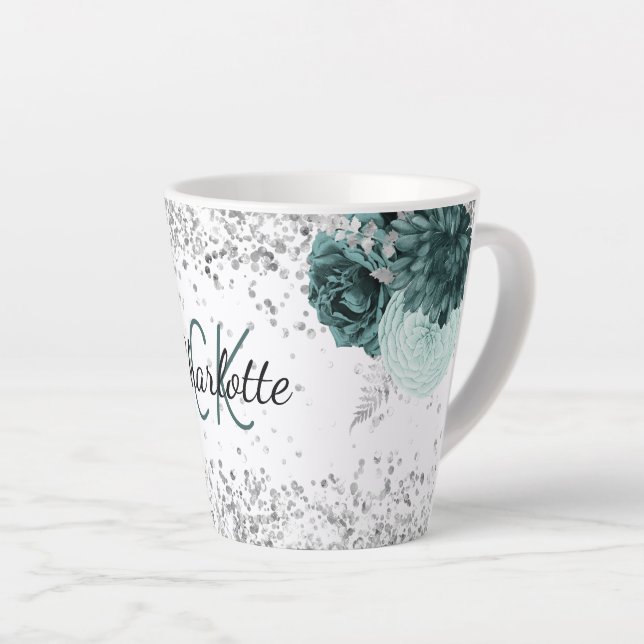 Silbergrüne Blüten eleganter Monogrammname Milchtasse (Rechte Ecke)