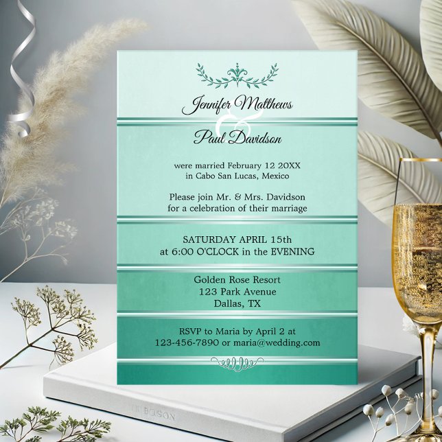 Silbergrüner Ton auf Tone Striping Post Wedding Einladung (After wedding or elopement invitation featuring a tone on tone green with silver stripe)