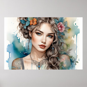 Silberhaarige, Mit Augen glamouröse Frau Poster
