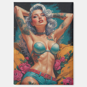 Silberhaariges Pin-Up-Blumen-Tattoo-Leder-Outfit Magnet