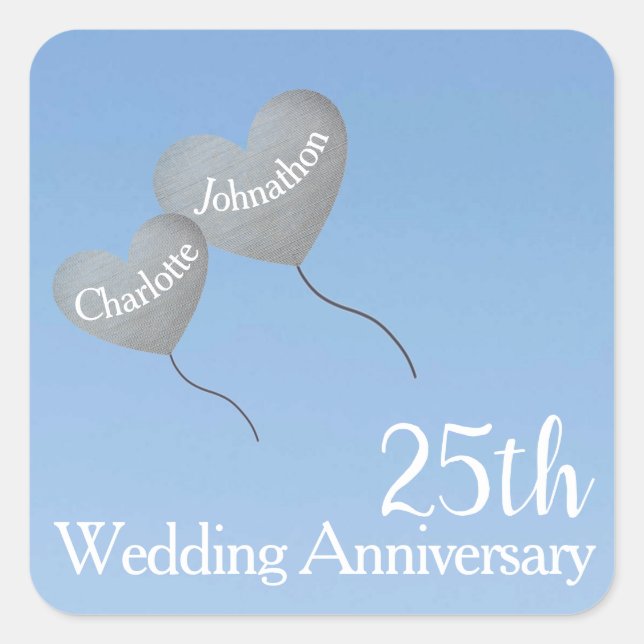 Silberherz-Ballon zum 25. Hochzeitstag Quadratischer Aufkleber (Vorderseite)