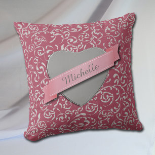 Silberherz Damask auf rosa Personalisiert Kissen