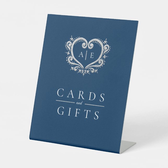 Silberherz-Monogramm blaue Hochzeitskarten und Ges Sockelschild (Vorderseite)
