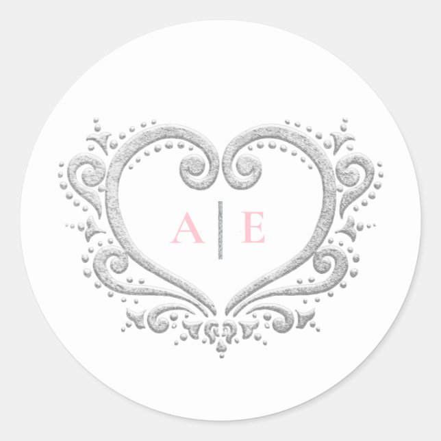 Silberherz-Monogramm rosa Text auf weißer Hochzeit Runder Aufkleber (Vorderseite)