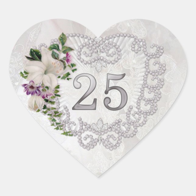 Silberherz, Perle, Lilie 25. Hochzeitstag Herz-Aufkleber (Vorderseite)