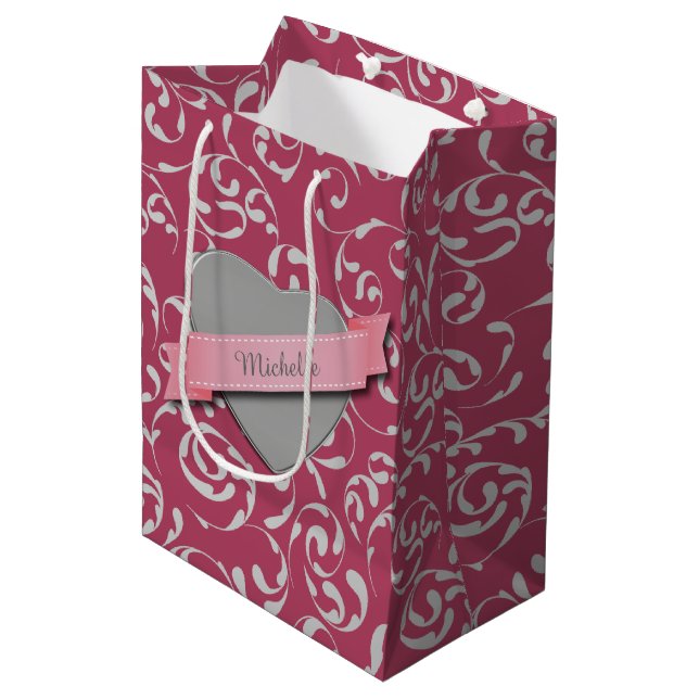 Silberherz rosa Damaske Personalisiert Mittlere Geschenktüte (Vorderseite Schrägansicht)