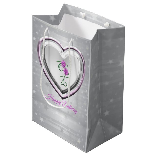 Silberherz und violette Blumen Mittlere Geschenktüte (Vorderseite Schrägansicht)