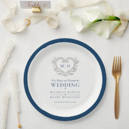 Silberherzblaue Kranz-Monogramm-Hochzeit Pappteller