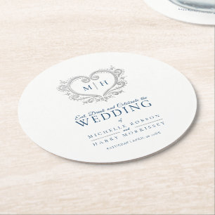 Silberherzblaue Kranz-Monogramm-Hochzeit Runder Pappuntersetzer
