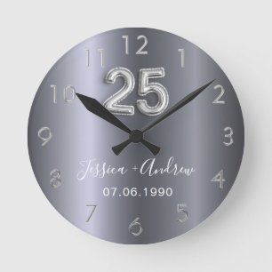 silberhochzeit Namen in Silber Runde Wanduhr