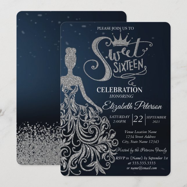 Silberkleid, Diamonds Dark Blue Sweet 16 Einladung (Vorne/Hinten)