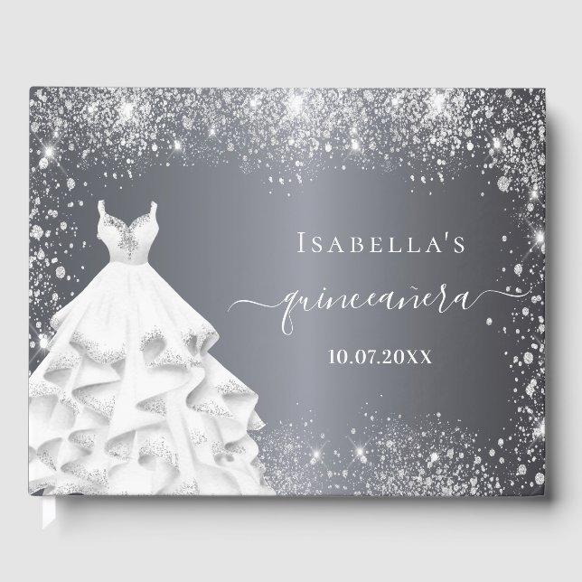 Silberkleid Quinceanera Glitzer Geburtstag Gästebuch (Vorderseite)