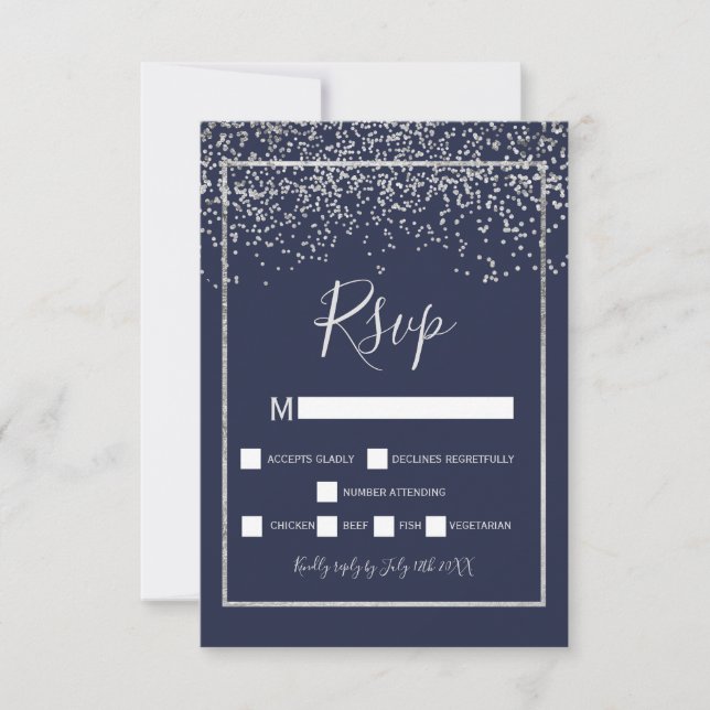 Silberkonfetti-Blautypografie-uAwg RSVP Karte (Vorderseite)