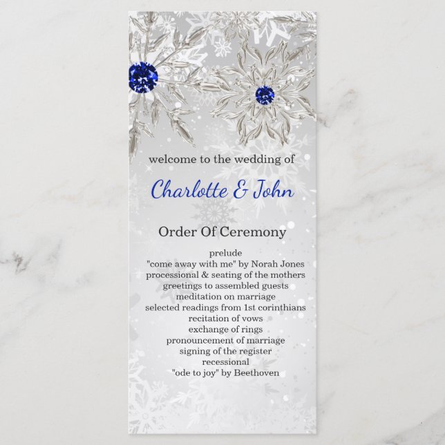 Silberkönigsblaue Schneeflocken Winterhochzeit Programm (Vorderseite)