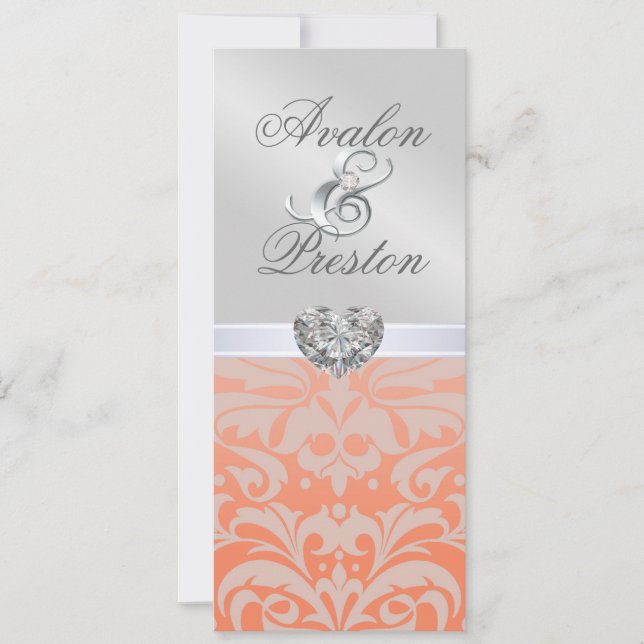 Silberkorallen-DiamantDamast Hochzeitseinladung Einladung (Vorderseite)