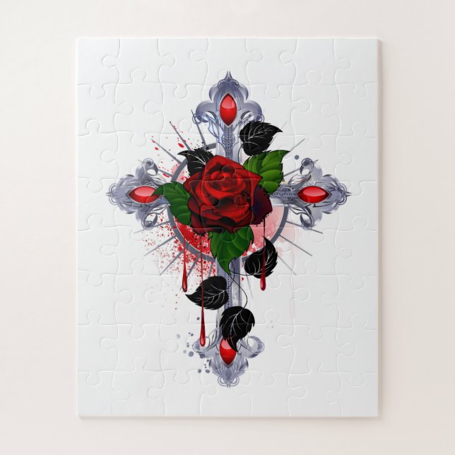 Silberkreuz mit Rote Rose (Vertikal)