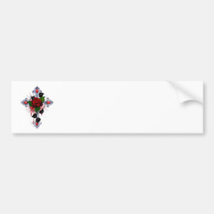 Silberkreuz mit Rote Rose Autoaufkleber