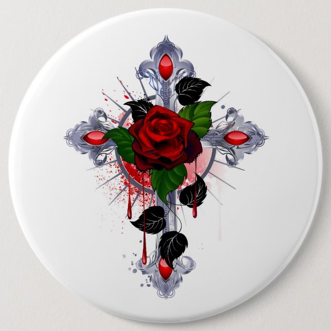 Silberkreuz mit Rote Rose Button (Vorderseite)