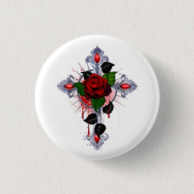 Silberkreuz mit Rote Rose Button (Vorderseite)