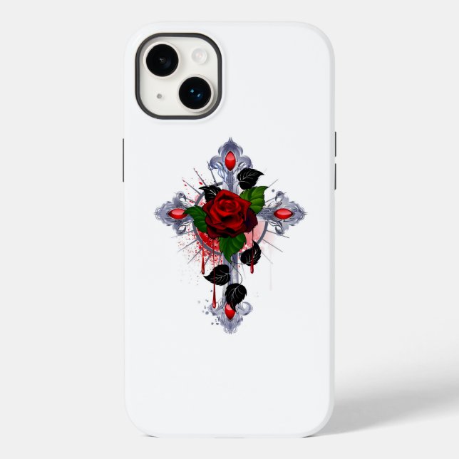 Silberkreuz mit Rote Rose Case-Mate iPhone 14 Plus Hülle (Rückseite)