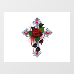 Silberkreuz mit Rote Rose Fensteraufkleber