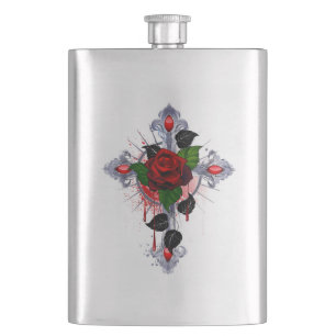 Silberkreuz mit Rote Rose Flachmann