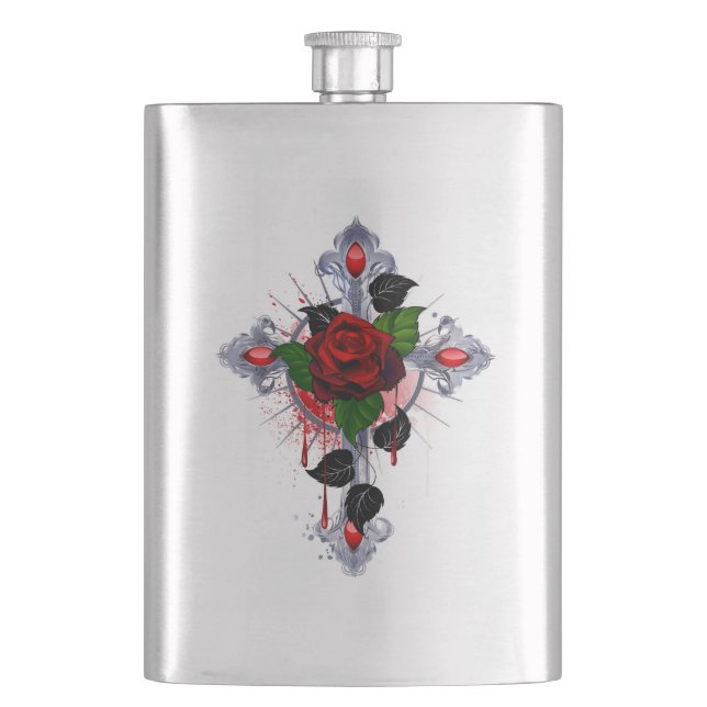 Silberkreuz mit Rote Rose Flachmann (Vorderseite)