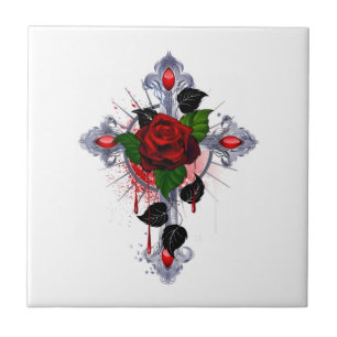 Silberkreuz mit Rote Rose Fliese
