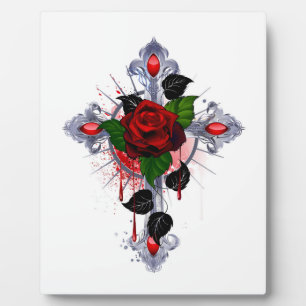 Silberkreuz mit Rote Rose Fotoplatte