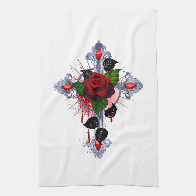 Silberkreuz mit Rote Rose Geschirrtuch (Vertikal)