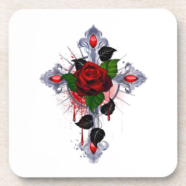Silberkreuz mit Rote Rose Getränkeuntersetzer (Vorderseite)