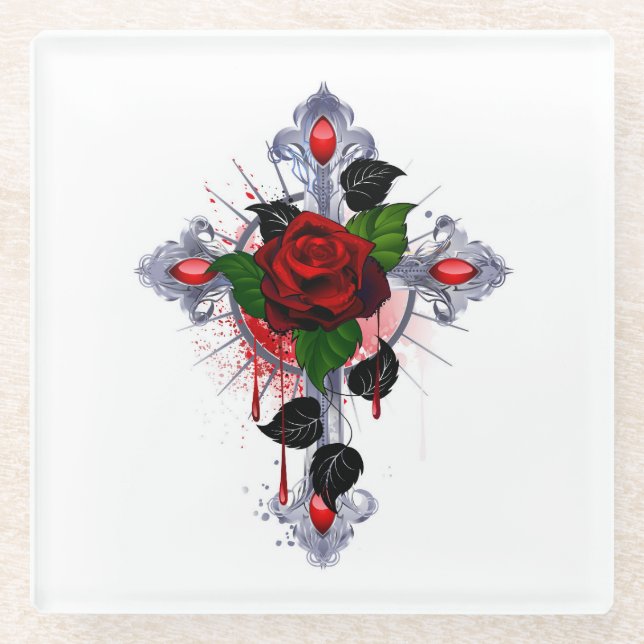 Silberkreuz mit Rote Rose Glasuntersetzer (Vorderseite)